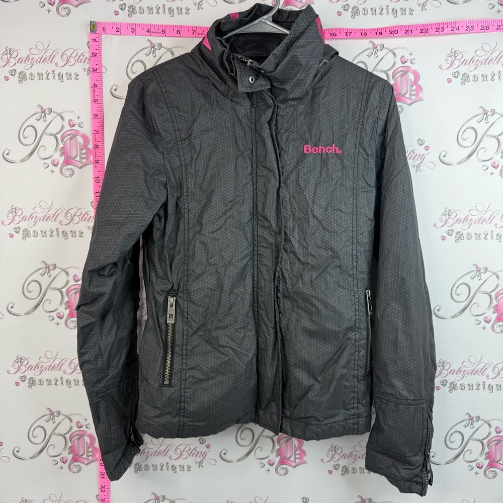Bench jacket coat embroidered pink grey Charcoal Quilted Jacket with Pink Logo